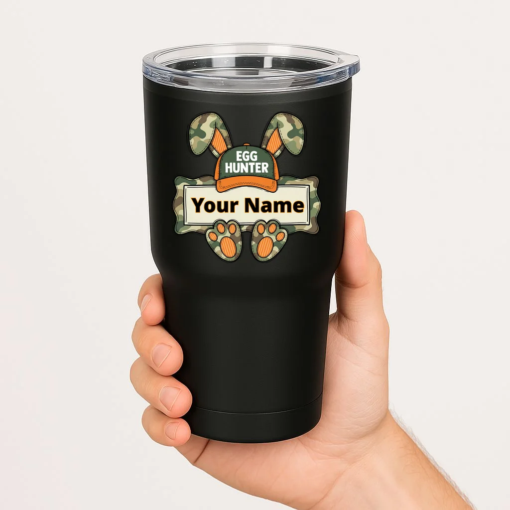 EGG HUNTER Your Name Personalized Easter Egg Hunter Custom Name Camo Bunny Rabbit 20oz Tumbler - Front 1