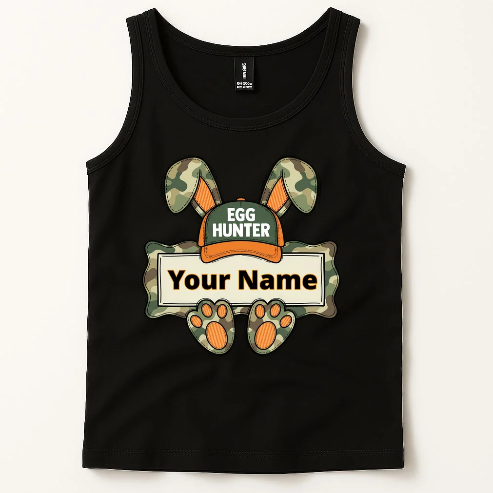 EGG HUNTER Your Name Personalized Easter Egg Hunter Custom Name Camo Bunny Rabbit Tank Top - Front 1