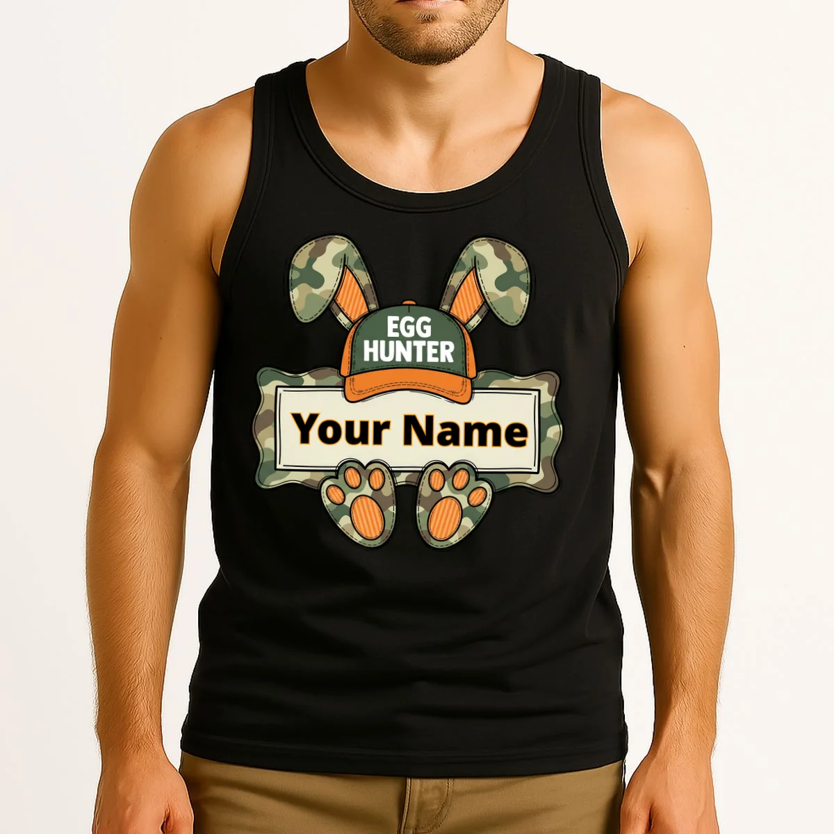 EGG HUNTER Your Name Personalized Easter Egg Hunter Custom Name Camo Bunny Rabbit Tank Top - Front 2
