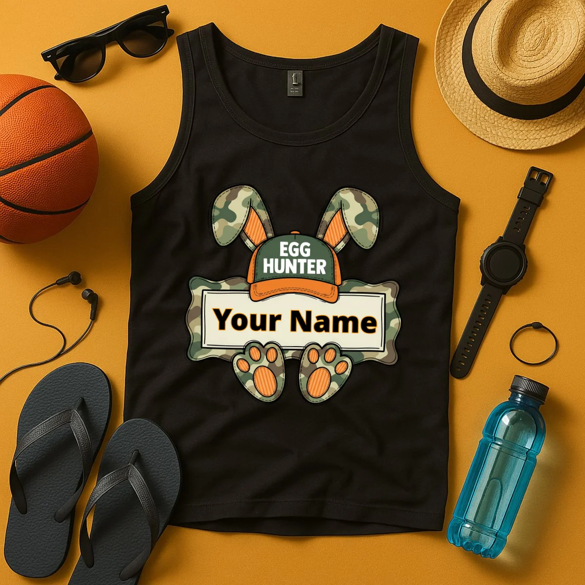 EGG HUNTER Your Name Personalized Easter Egg Hunter Custom Name Camo Bunny Rabbit Tank Top - Front 3