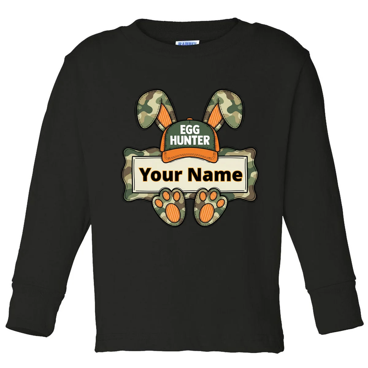 EGG HUNTER Your Name Personalized Easter Egg Hunter Custom Name Camo Bunny Rabbit Toddler Long Sleeve Shirt - Front