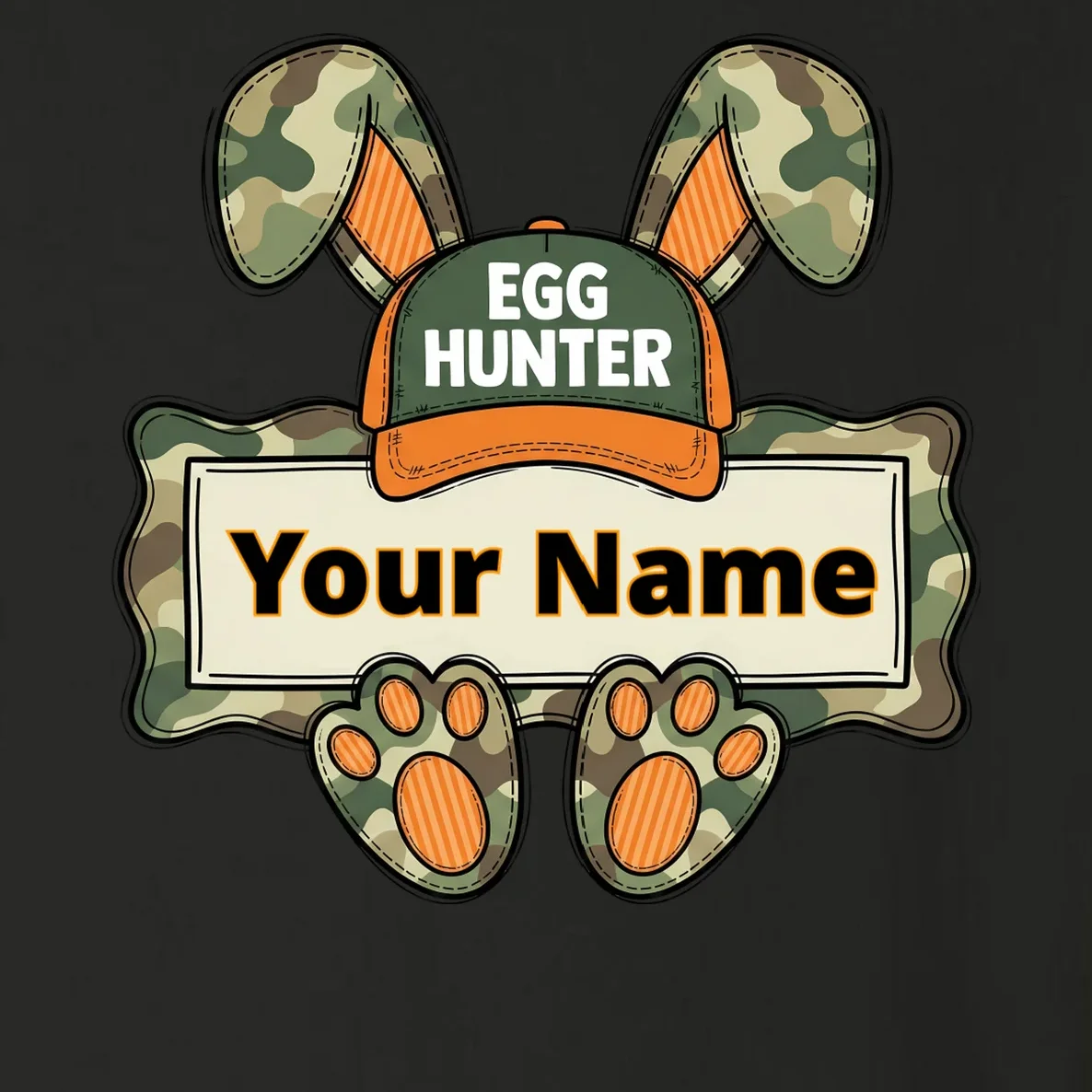 EGG HUNTER Your Name Personalized Easter Egg Hunter Custom Name Camo Bunny Rabbit Toddler Long Sleeve Shirt - Front - Close-up
