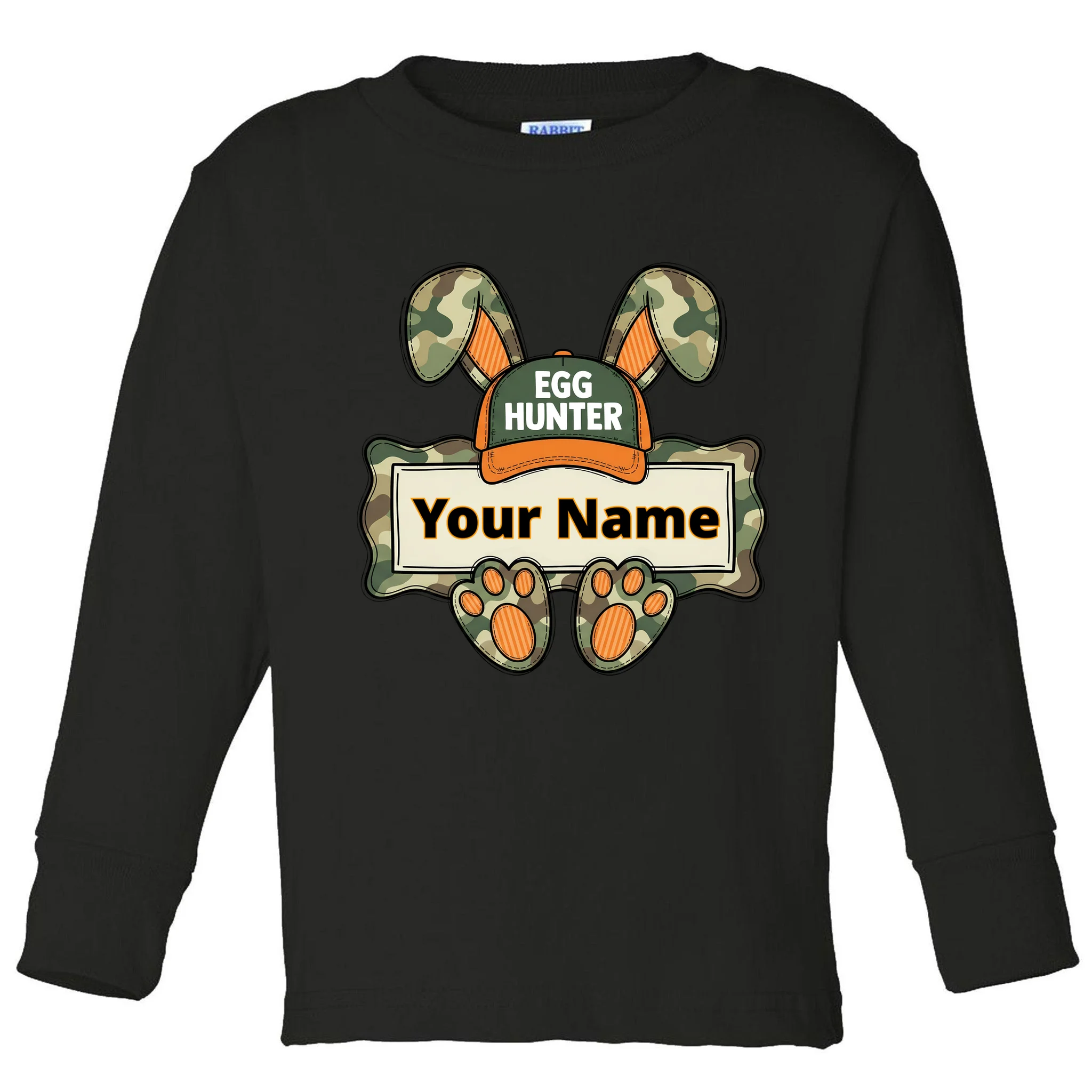 EGG HUNTER Your Name Personalized Easter Egg Hunter Custom Name Camo Bunny Rabbit Toddler Long Sleeve Shirt - Front