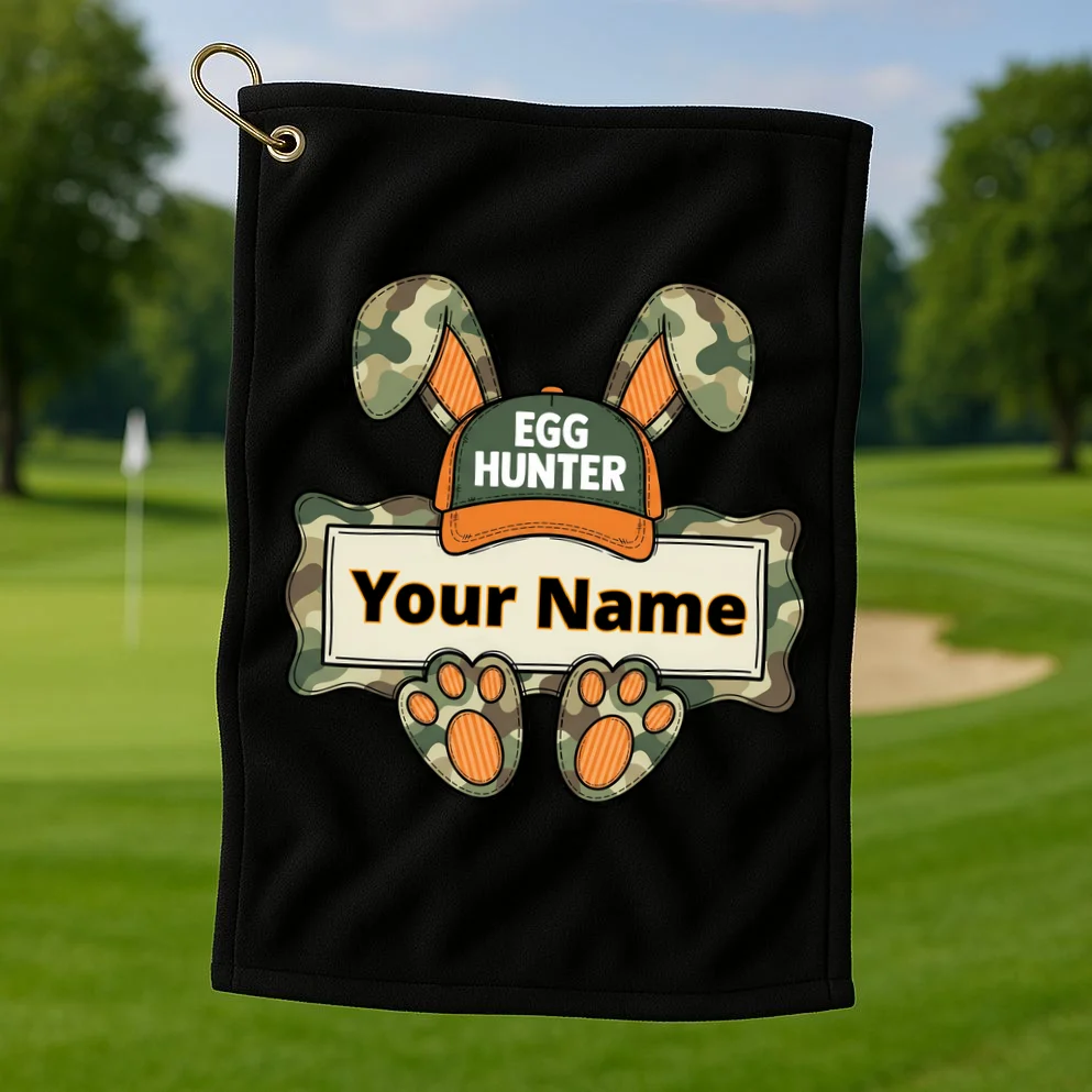 EGG HUNTER Your Name Personalized Easter Egg Hunter Custom Name Camo Bunny Rabbit Golf Towel - Front 1