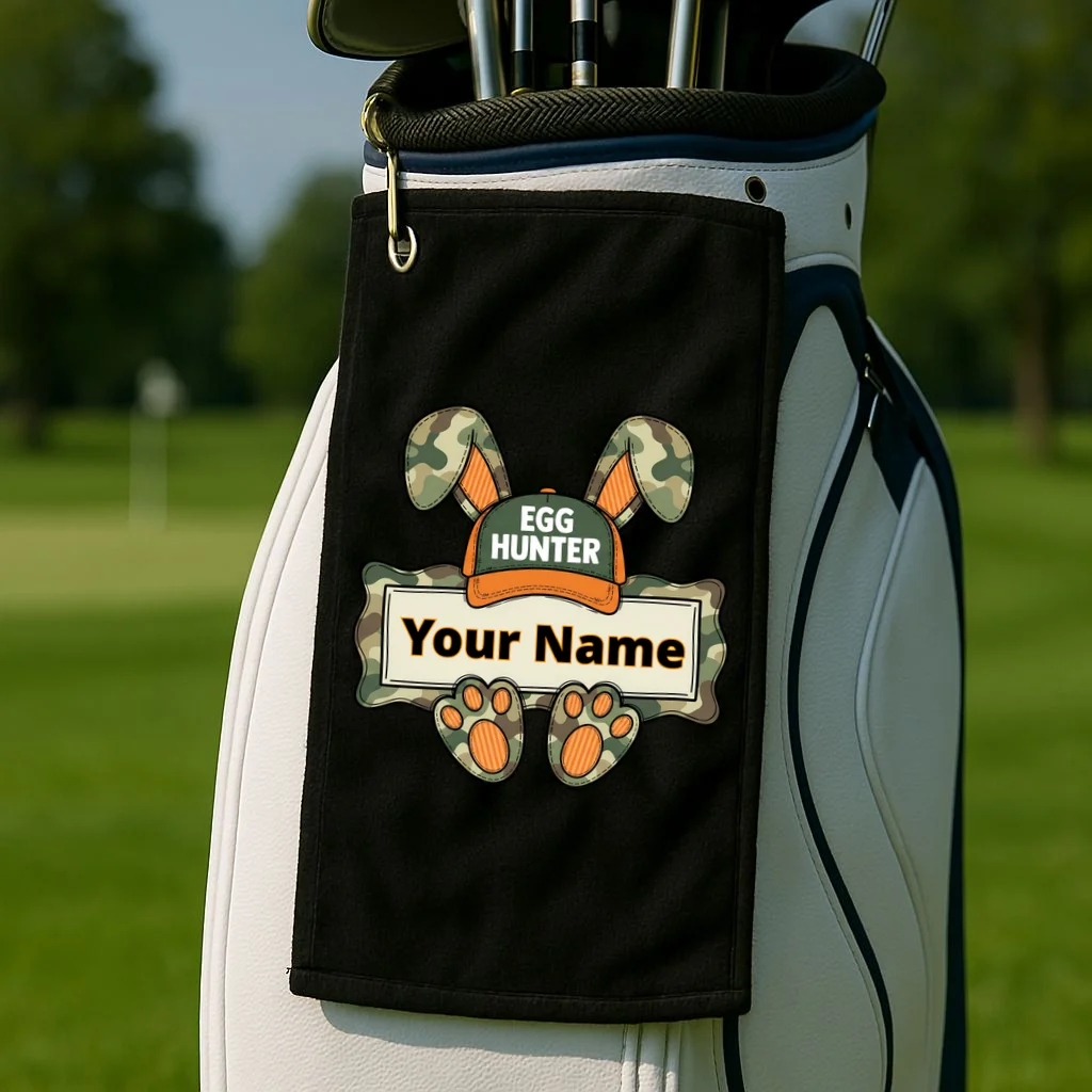 EGG HUNTER Your Name Personalized Easter Egg Hunter Custom Name Camo Bunny Rabbit Golf Towel - Front 2