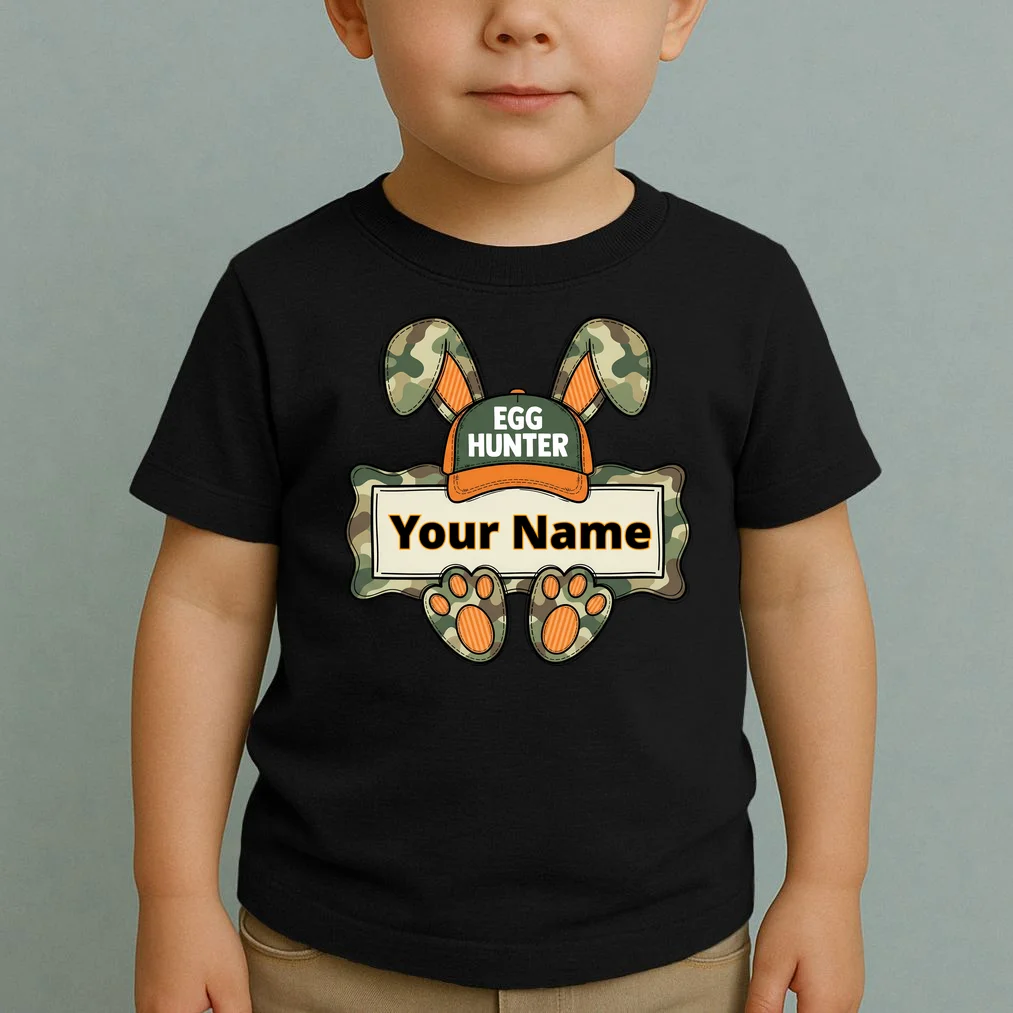 EGG HUNTER Your Name Personalized Easter Egg Hunter Custom Name Camo Bunny Rabbit Toddler T-Shirt - Front 1