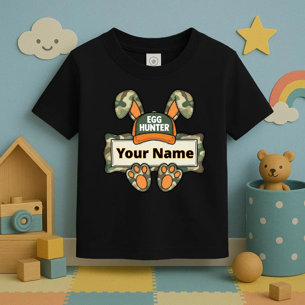 EGG HUNTER Your Name Personalized Easter Egg Hunter Custom Name Camo Bunny Rabbit Toddler T-Shirt - Front 2