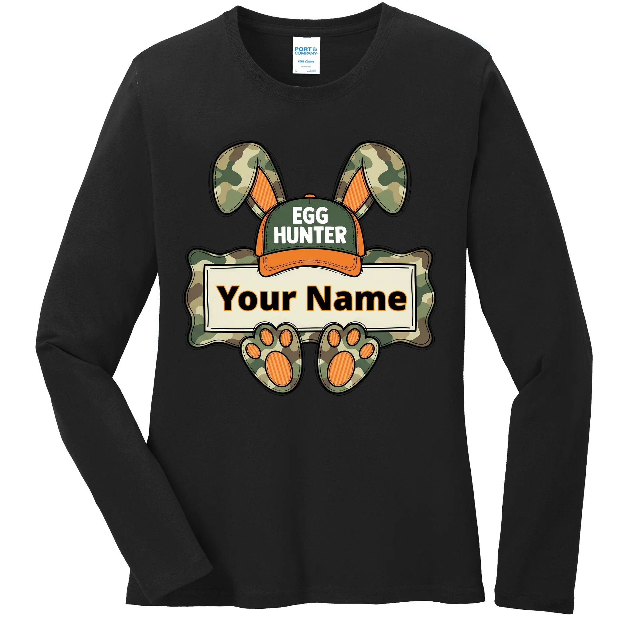 EGG HUNTER Your Name Personalized Easter Egg Hunter Custom Name Camo Bunny Rabbit Women's Long Sleeve Shirt - Front