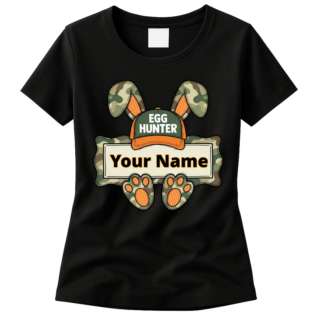 EGG HUNTER Your Name Personalized Easter Egg Hunter Custom Name Camo Bunny Rabbit Women's T-Shirt - Front