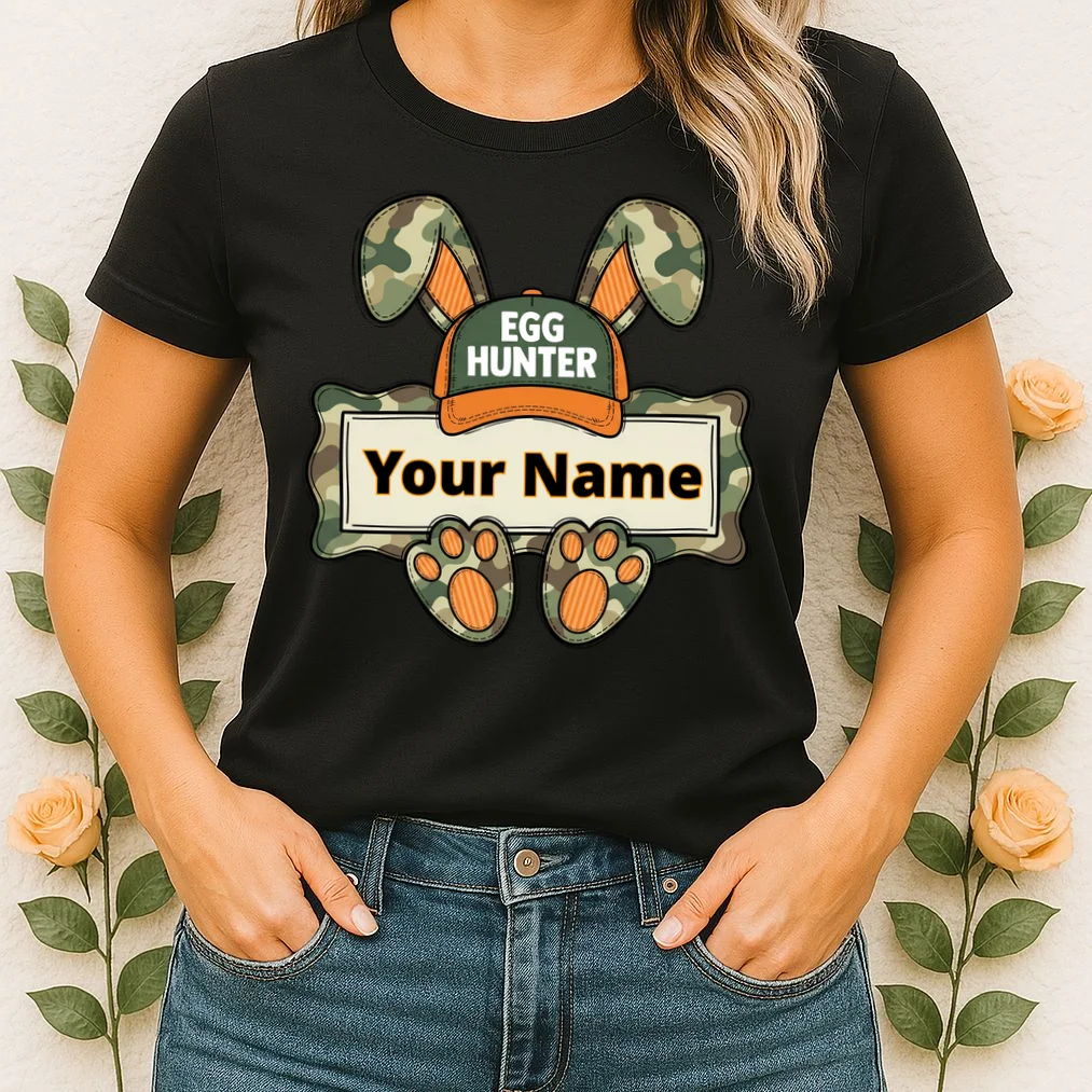 EGG HUNTER Your Name Personalized Easter Egg Hunter Custom Name Camo Bunny Rabbit Women's T-Shirt - Front 1