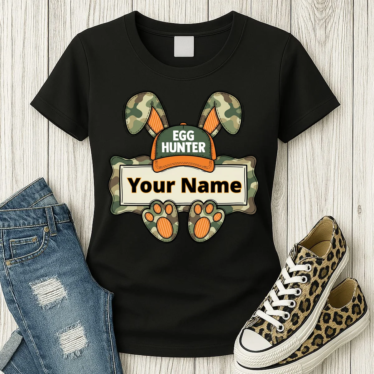 EGG HUNTER Your Name Personalized Easter Egg Hunter Custom Name Camo Bunny Rabbit Women's T-Shirt - Front 2