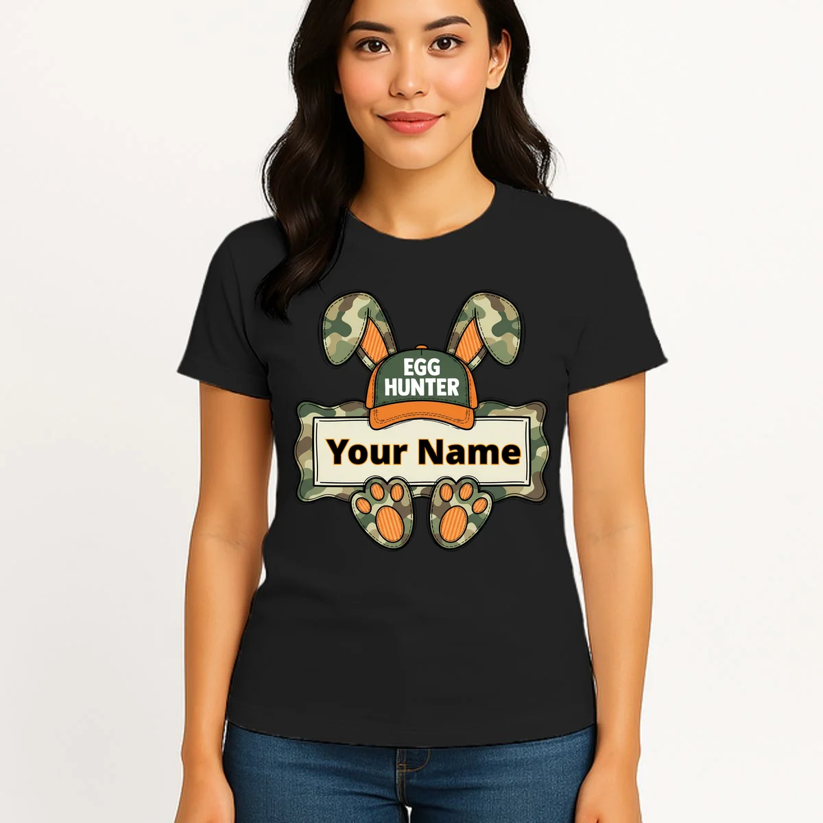 EGG HUNTER Your Name Personalized Easter Egg Hunter Custom Name Camo Bunny Rabbit Women's T-Shirt - Front 3