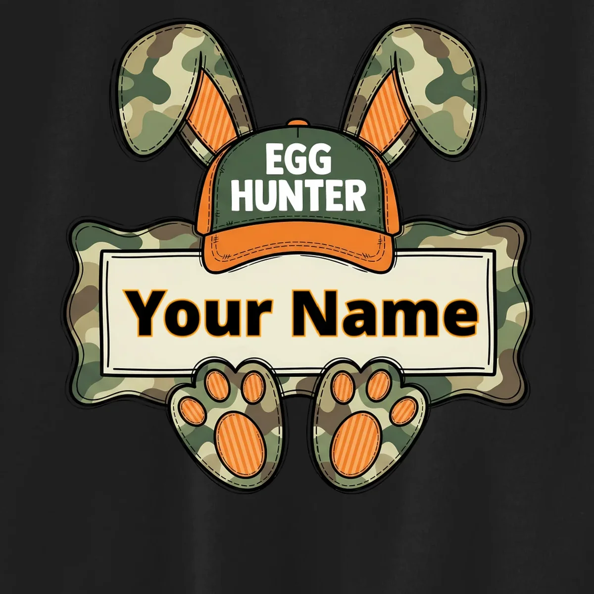 EGG HUNTER Your Name Personalized Easter Egg Hunter Custom Name Camo Bunny Rabbit Kids Sweatshirt - Front - Close-up