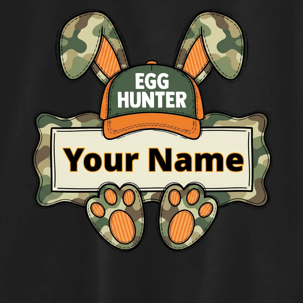 EGG HUNTER Your Name Personalized Easter Egg Hunter Custom Name Camo Bunny Rabbit Kids Sweatshirt - Front - Close-up
