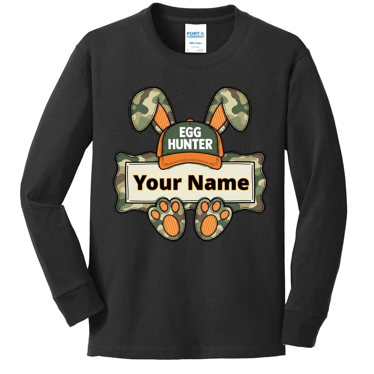 EGG HUNTER Your Name Personalized Easter Egg Hunter Custom Name Camo Bunny Rabbit Kids Long Sleeve Shirt - Front