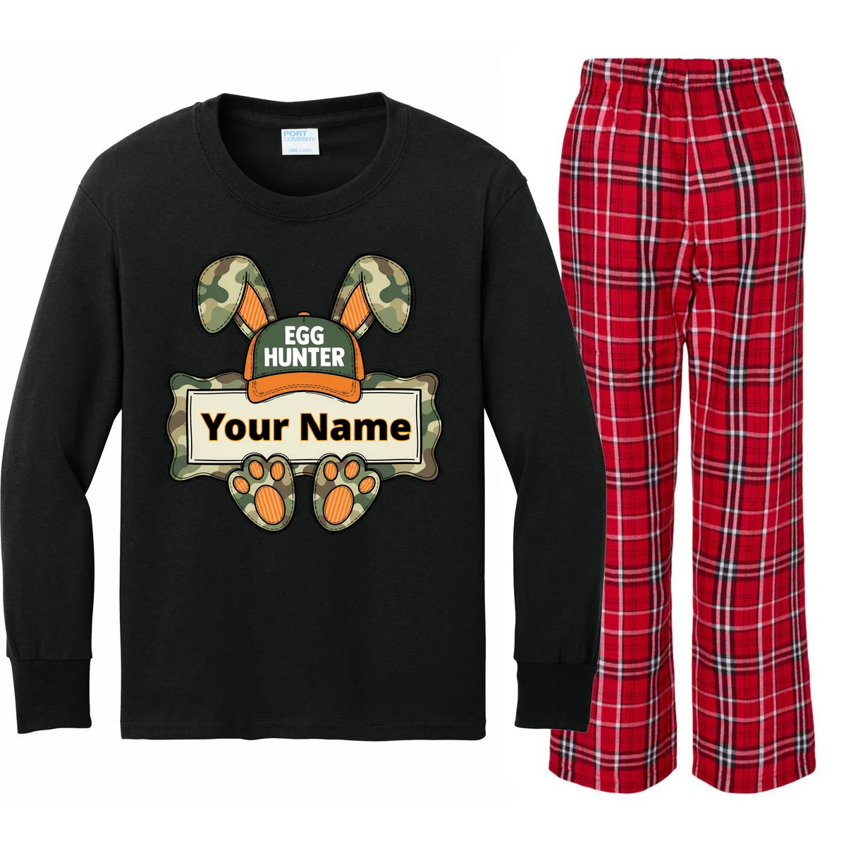 EGG HUNTER Your Name Personalized Easter Egg Hunter Custom Name Camo Bunny Rabbit Kids Long Sleeve Pajamas - Front