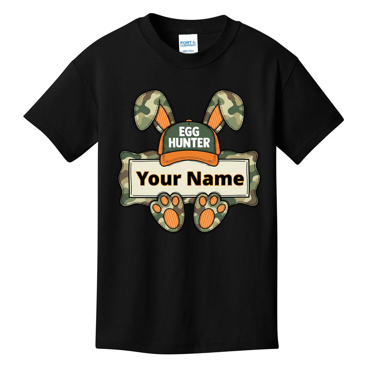 EGG HUNTER Your Name Personalized Easter Egg Hunter Custom Name Camo Bunny Rabbit Kids T-Shirt - Front