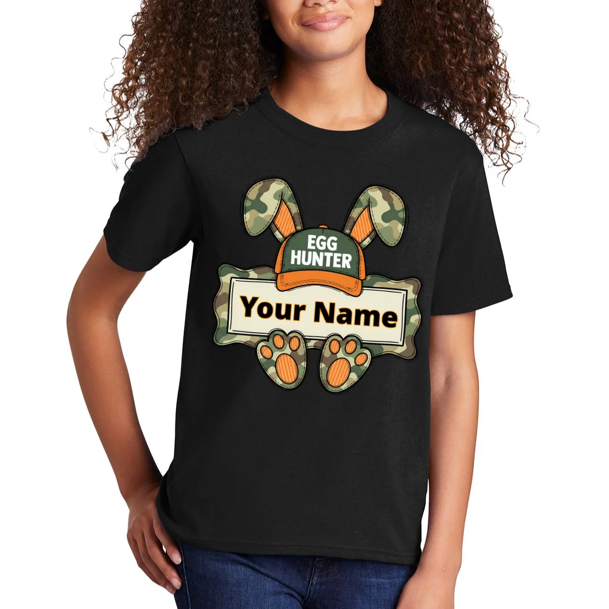 EGG HUNTER Your Name Personalized Easter Egg Hunter Custom Name Camo Bunny Rabbit Kids T-Shirt - Front 1