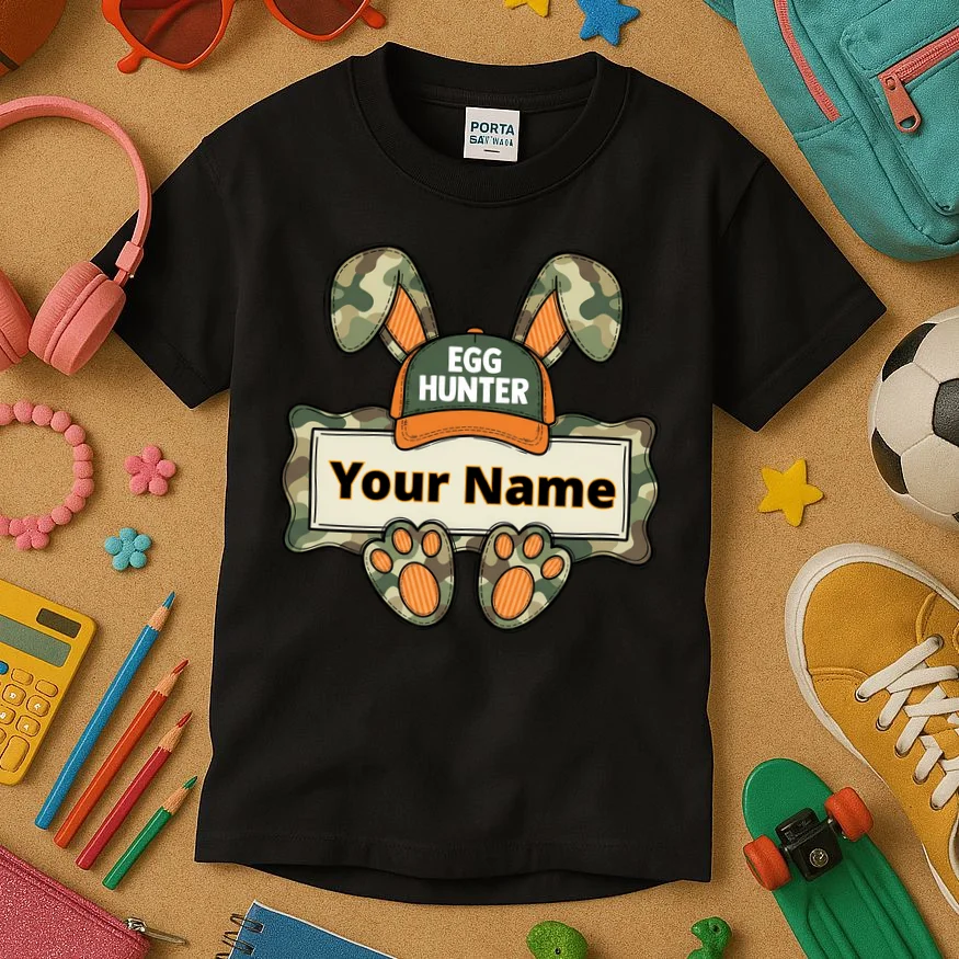 EGG HUNTER Your Name Personalized Easter Egg Hunter Custom Name Camo Bunny Rabbit Kids T-Shirt - Front 2