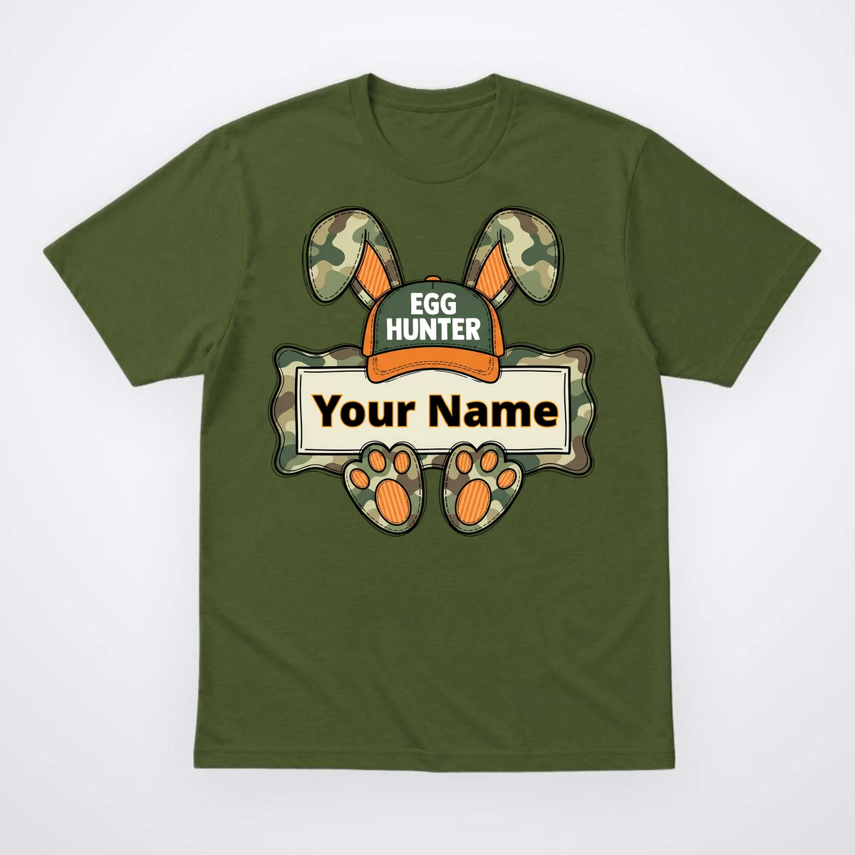 EGG HUNTER Your Name Personalized Easter Egg Hunter Custom Name Camo Bunny Rabbit T-Shirt - Front