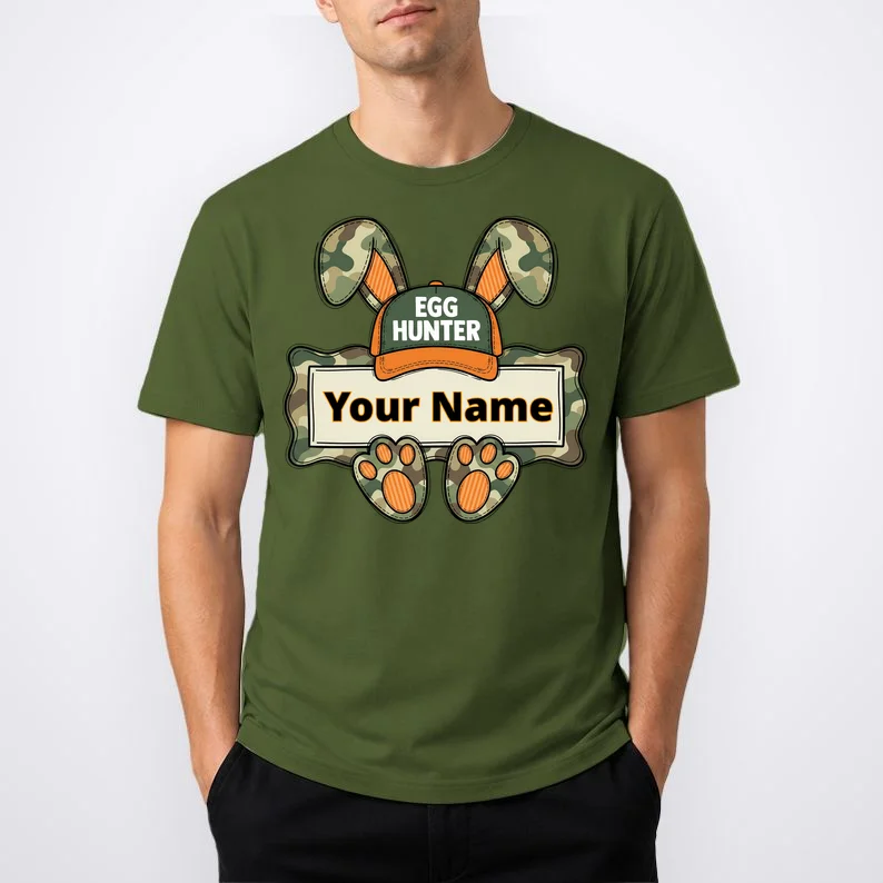 EGG HUNTER Your Name Personalized Easter Egg Hunter Custom Name Camo Bunny Rabbit T-Shirt - Front 1
