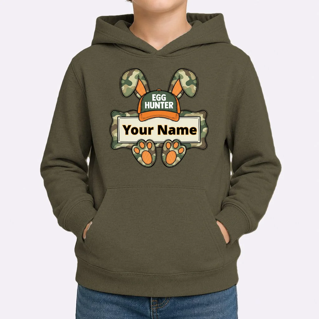 EGG HUNTER Your Name Personalized Easter Egg Hunter Custom Name Camo Bunny Rabbit Kids Hoodie - Front 1