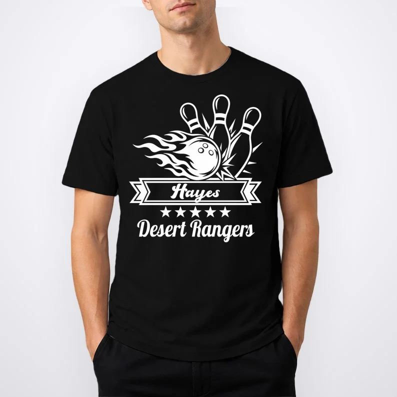 Customizable Bowling Team Name & Player Name – Fiery Strike Sports Men's T-Shirt - Front 1