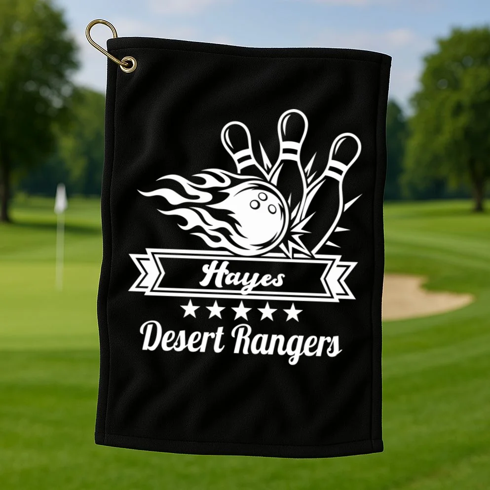 Customizable Bowling Team Name & Player Name – Fiery Strike Sports Golf Towel - Front 1