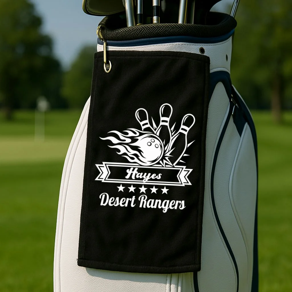 Customizable Bowling Team Name & Player Name – Fiery Strike Sports Golf Towel - Front 2
