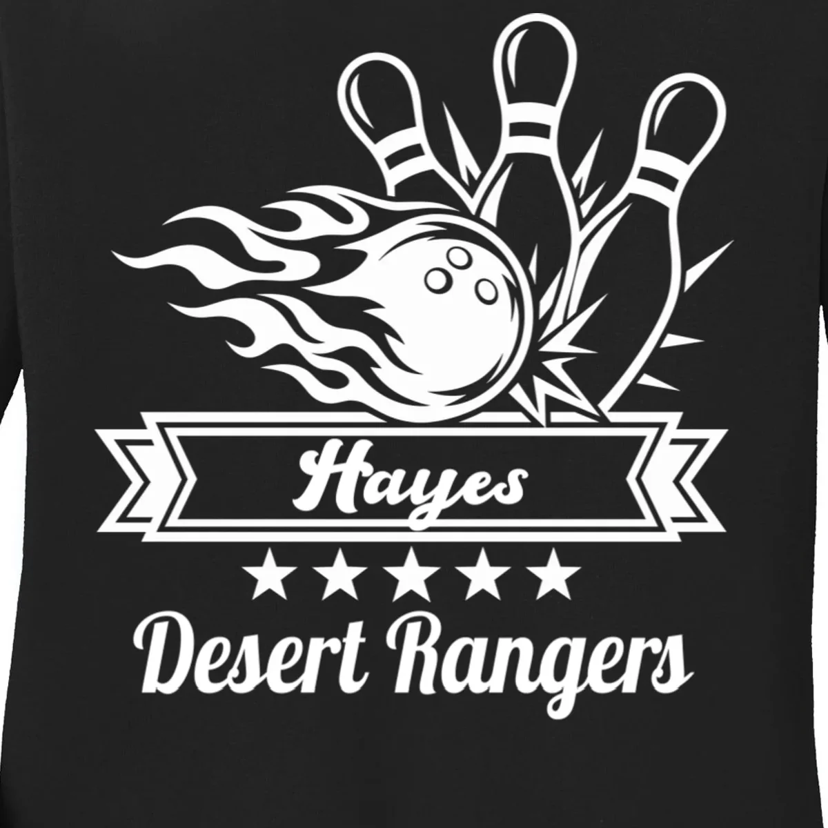 Customizable Bowling Team Name & Player Name – Fiery Strike Sports Women's Long Sleeve Shirt - Front - Close-up