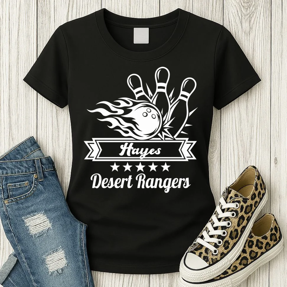 Customizable Bowling Team Name & Player Name – Fiery Strike Sports Women's T-Shirt - Front 2