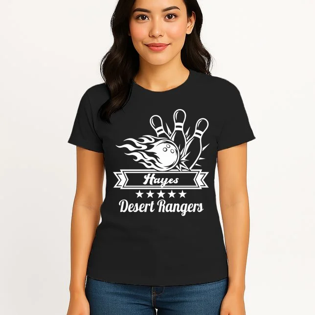 Customizable Bowling Team Name & Player Name – Fiery Strike Sports Women's T-Shirt - Front 3