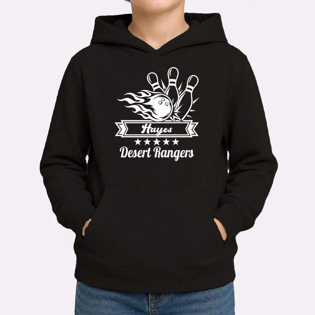Customizable Bowling Team Name & Player Name – Fiery Strike Sports Kids Hoodie - Front 1