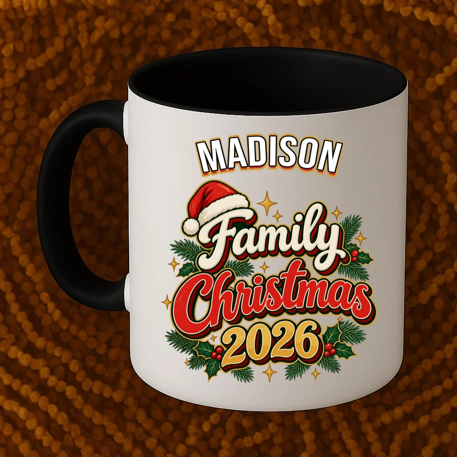 Family Christmas 2026 – Retro Vintage Santa Holiday Mug - Front 1
