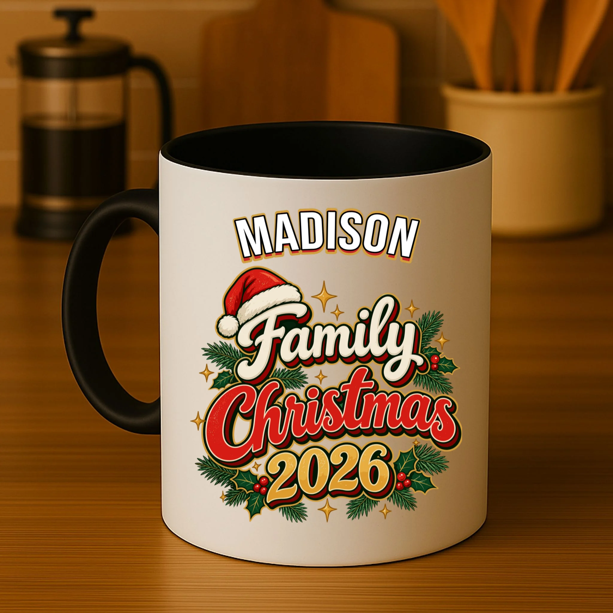 Family Christmas 2026 – Retro Vintage Santa Holiday Mug - Front 3