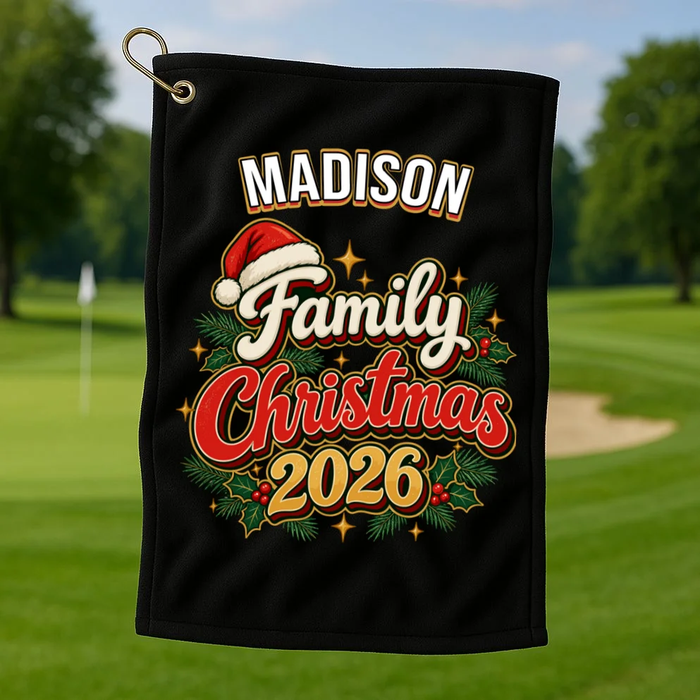 Family Christmas 2026 – Retro Vintage Santa Holiday Golf Towel - Front 1