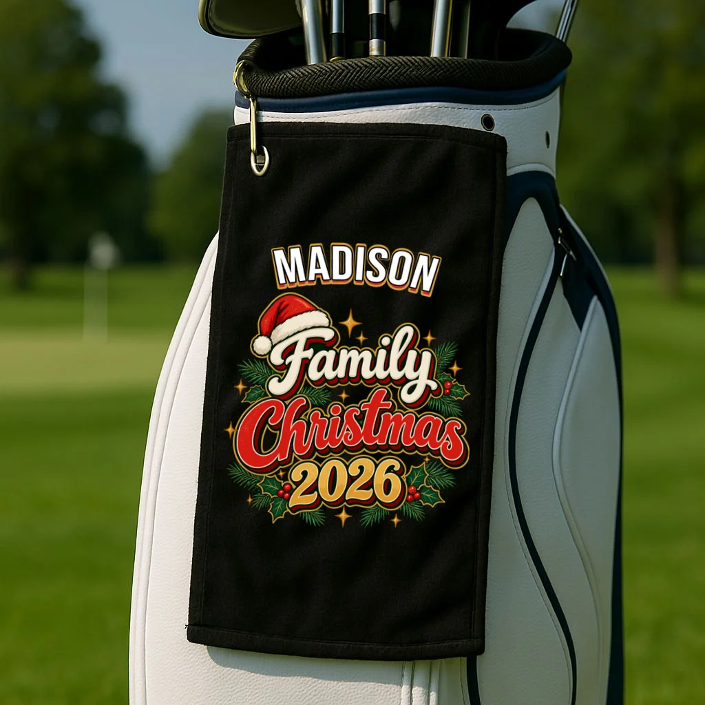 Family Christmas 2026 – Retro Vintage Santa Holiday Golf Towel - Front 2