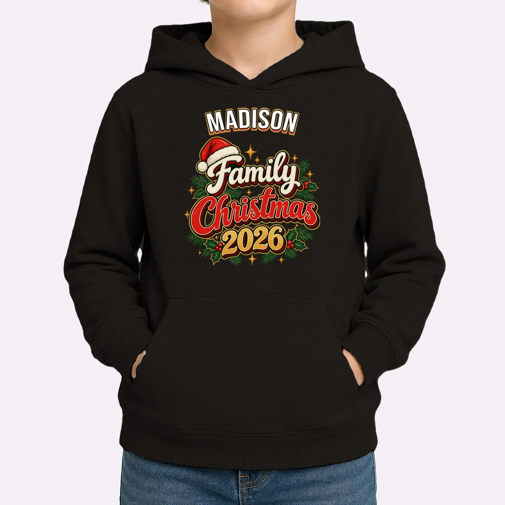 Family Christmas 2026 – Retro Vintage Santa Holiday Kids Hoodie - Front 1