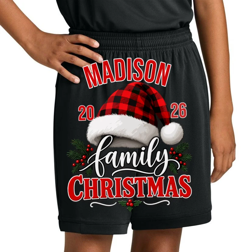 Family Christmas 2026 – Buffalo Plaid Santa Hat & Holly Holiday Design Kids Shorts - Front 1