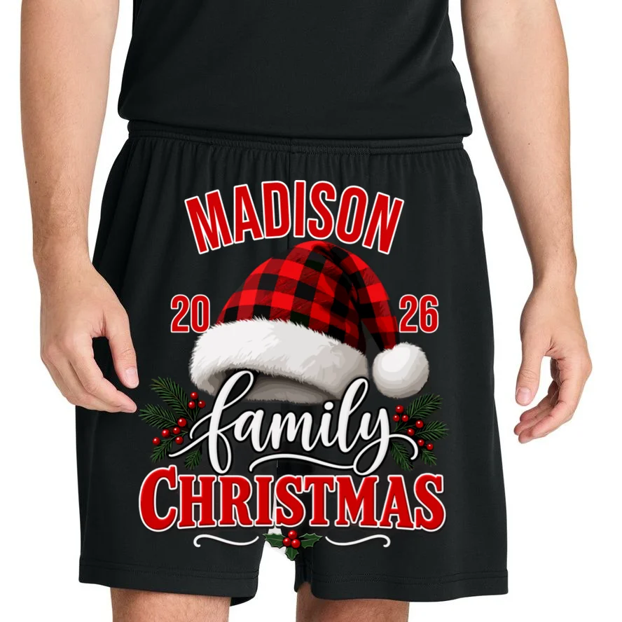 Family Christmas 2026 – Buffalo Plaid Santa Hat & Holly Holiday Design Men's Shorts - Front 1
