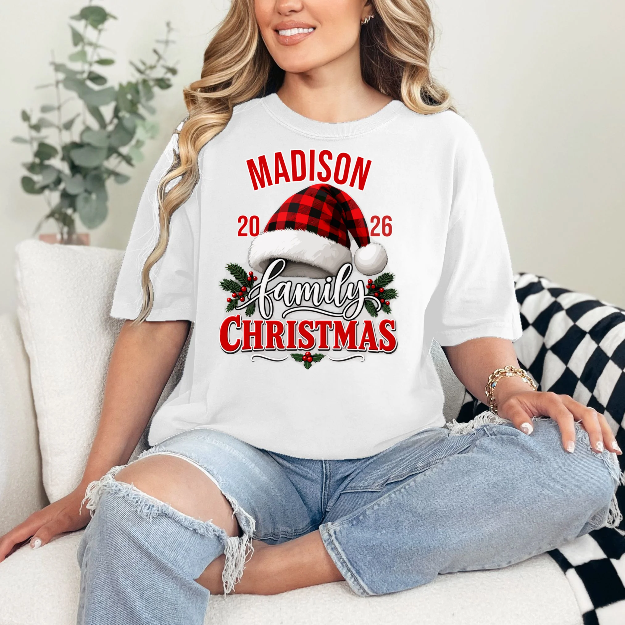 Family Christmas 2026 – Buffalo Plaid Santa Hat & Holly Holiday Design Comfort Colors Unisex T-Shirt - Front 1