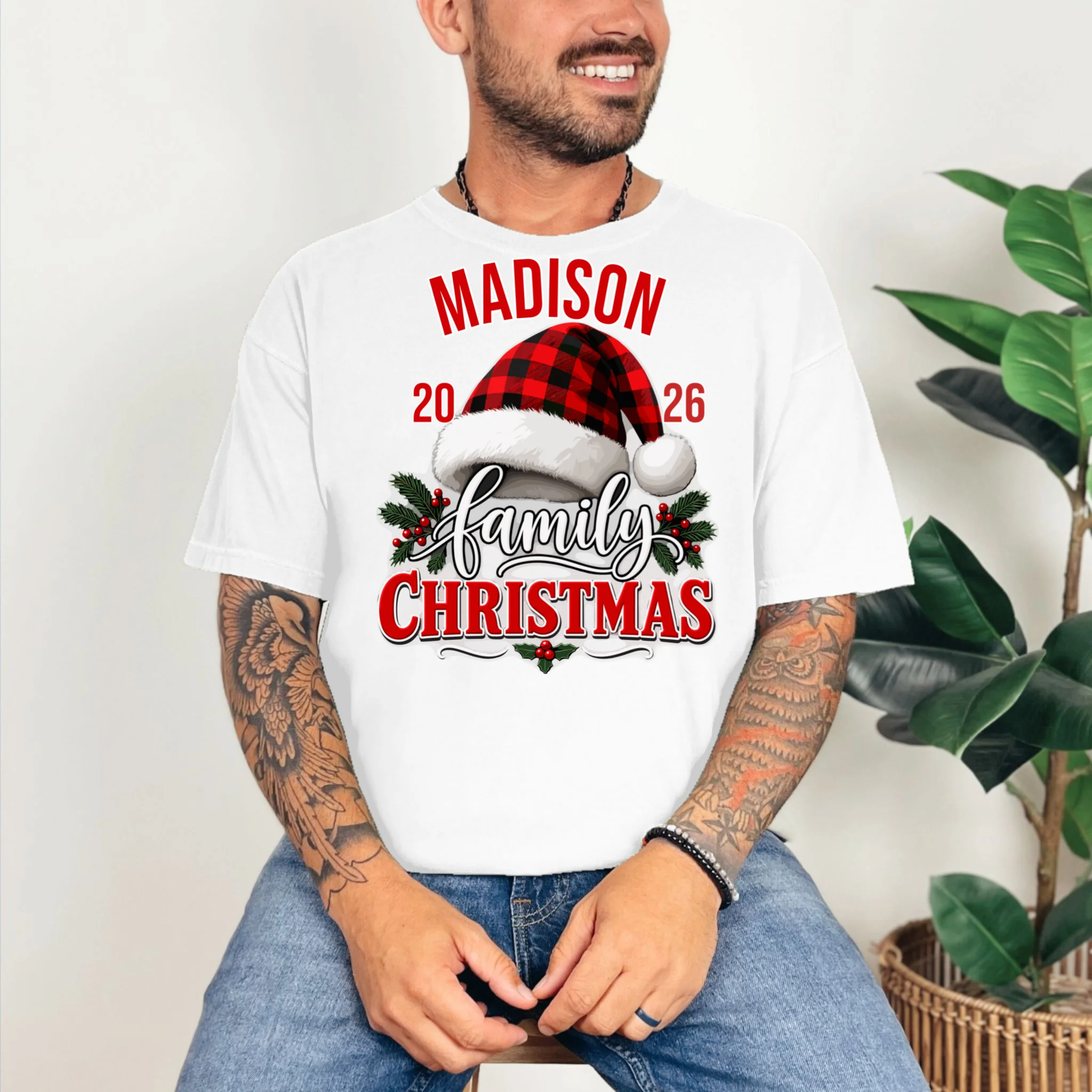 Family Christmas 2026 – Buffalo Plaid Santa Hat & Holly Holiday Design Comfort Colors Unisex T-Shirt - Front 2