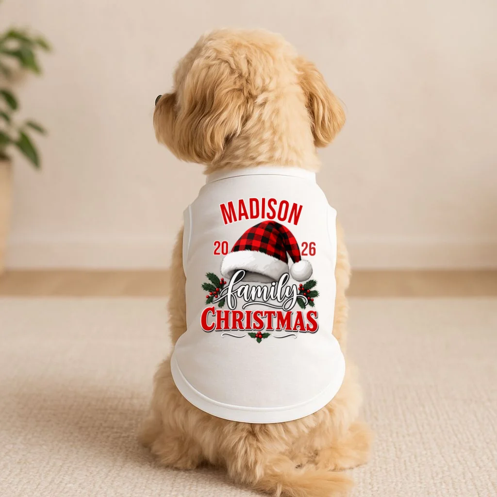 Family Christmas 2026 – Buffalo Plaid Santa Hat & Holly Holiday Design Doggie Tank - Front 1