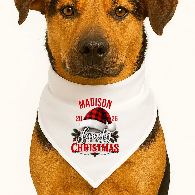 Family Christmas 2026 – Buffalo Plaid Santa Hat & Holly Holiday Design Dog Bandana - Front 1