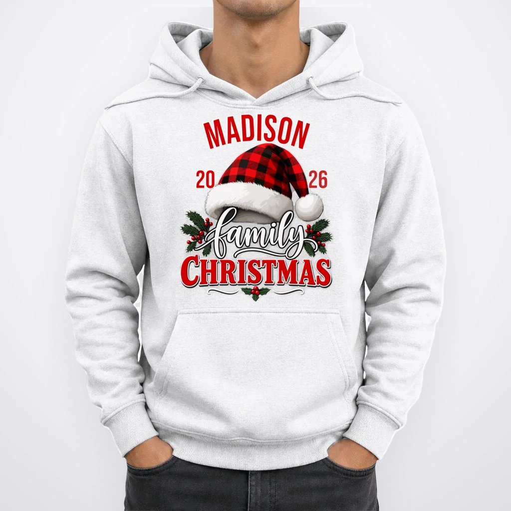 Family Christmas 2026 – Buffalo Plaid Santa Hat & Holly Holiday Design Men's Hoodie - Front 1
