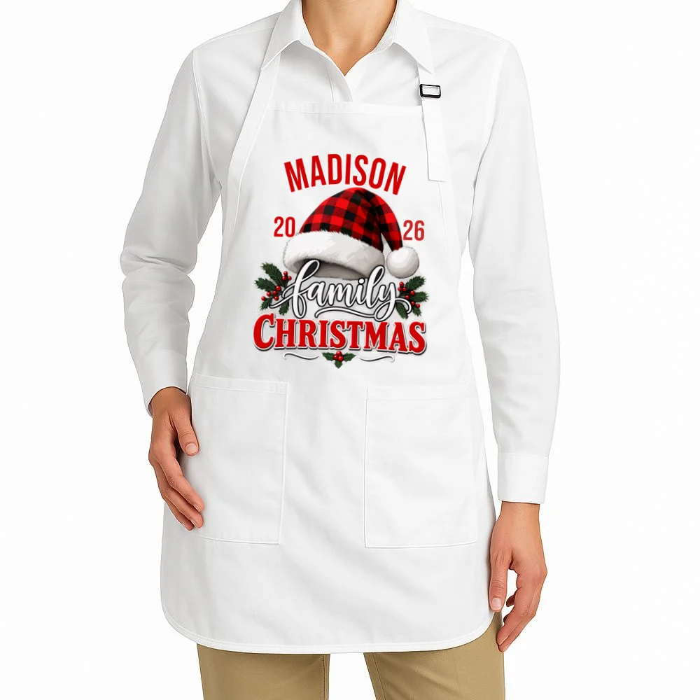 Family Christmas 2026 – Buffalo Plaid Santa Hat & Holly Holiday Design Apron - Front 1
