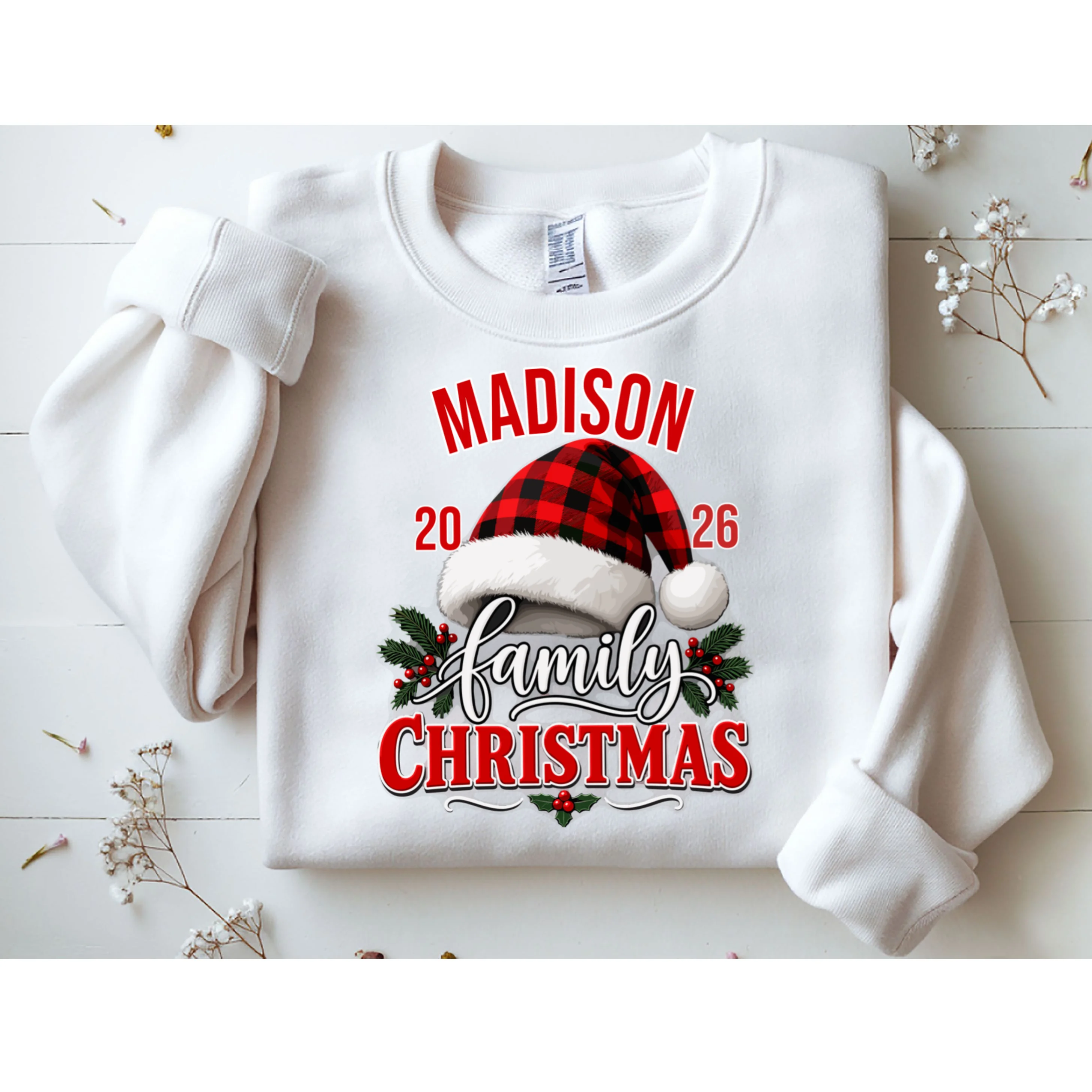Family Christmas 2026 – Buffalo Plaid Santa Hat & Holly Holiday Design Men's Sweatshirt - Front 1