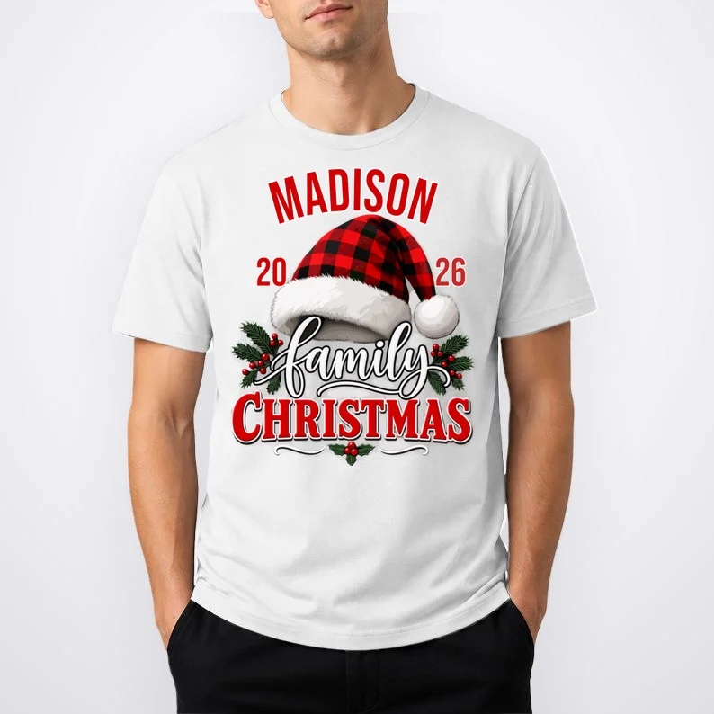 Family Christmas 2026 – Buffalo Plaid Santa Hat & Holly Holiday Design Men's T-Shirt - Front 1
