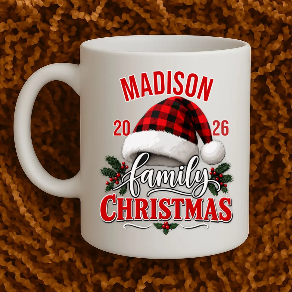 Family Christmas 2026 – Buffalo Plaid Santa Hat & Holly Holiday Design Mug - Front 1