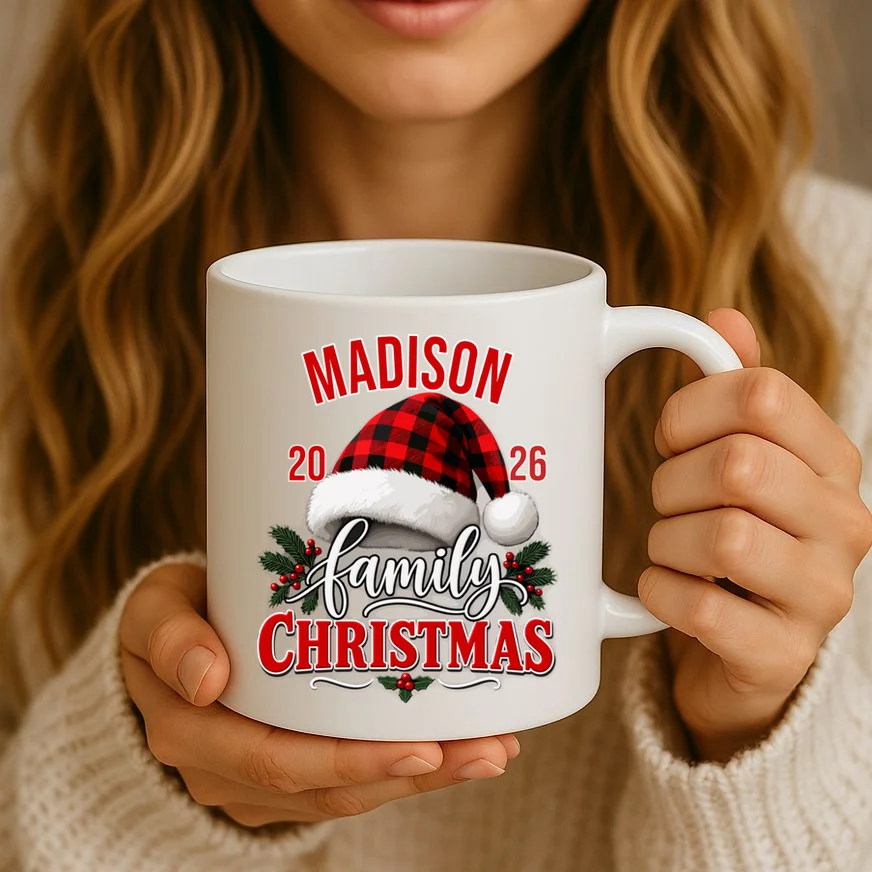 Family Christmas 2026 – Buffalo Plaid Santa Hat & Holly Holiday Design Mug - Front 2
